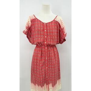 Anthropologie Maeve Veronia Shirt Dress Red Button Geometric Retro Midi Large L
